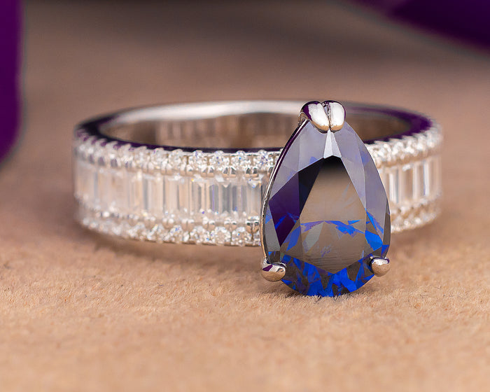 Agatha Pear Blue Moissanite Sterling Silver Engagement Ring