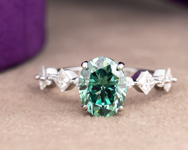 Sandy Oval Green Moissanite Sterling Silver Engagement Ring