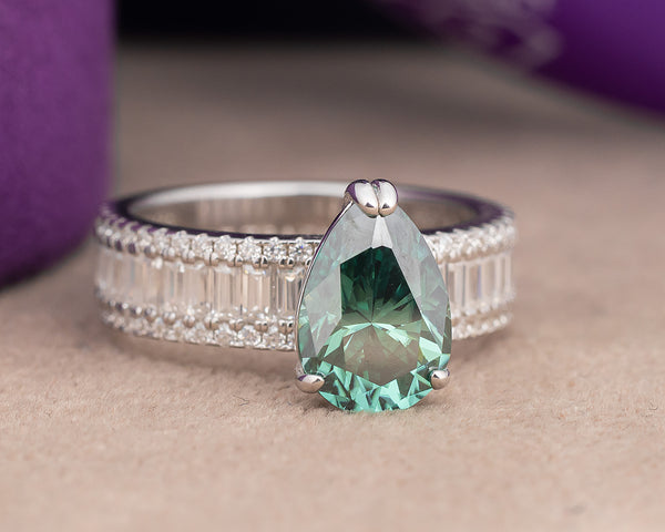 Agatha Pear Green Moissanite Sterling Silver Engagement Ring