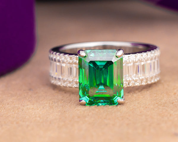Agatha Emerald Green Moissanite Sterling Silver Engagement Ring
