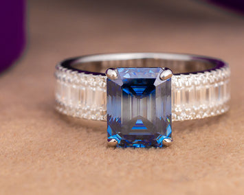 Agatha Emerald Blue Moissanite Sterling Silver Engagement Ring