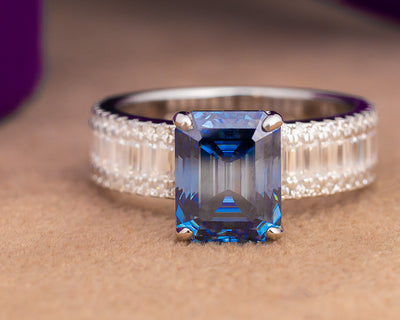 Agatha Emerald Blue Moissanite Sterling Silver Engagement Ring