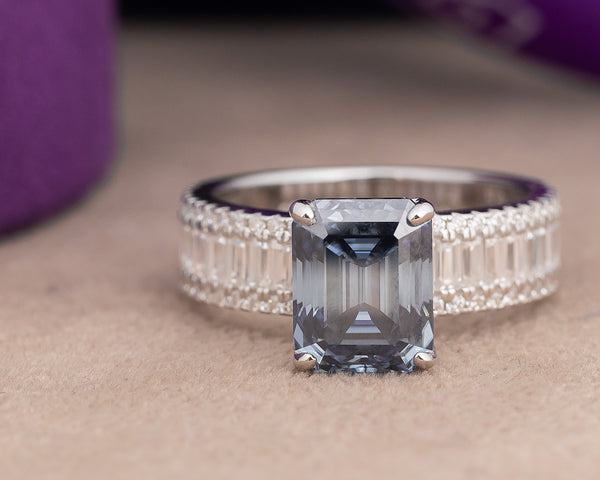Agatha Emerald Blue Moissanite Sterling Silver Engagement Ring