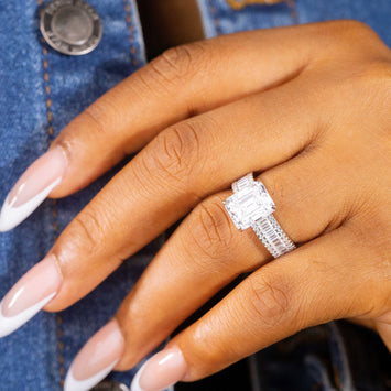 Agatha Emerald Moissanite Sterling Silver Engagement Ring