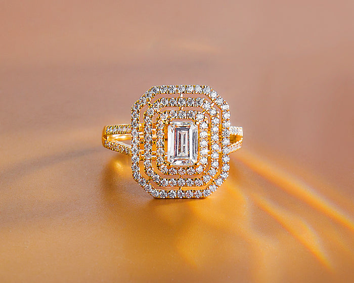 Violet Emerald 18Karat Yellow Gold Moissanite Engagement Ring